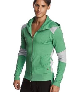 4-rth MEN Form-fit Crossover Yoga Track Performance Hoodie (Bamboo Green & Grey)