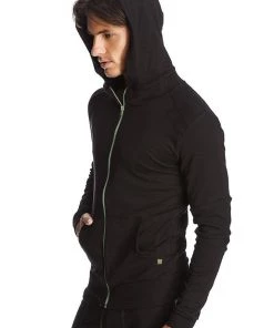 4-rth MEN Form-fit Crossover Yoga Track Performance Hoodie (Black W/Green Zipper)
