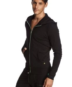 4-rth MEN Form-fit Crossover Yoga Track Performance Hoodie (Black W/Green Zipper)