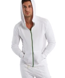 4-rth Form-fit Crossover Yoga Track PerformanceHoodie (White W/Green Zipper) MEN