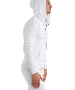 4-rth Form-fit Crossover Yoga Track PerformanceHoodie (White W/Green Zipper) MEN