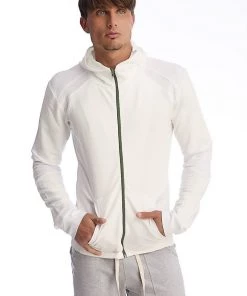 4-rth Form-fit Crossover Yoga Track PerformanceHoodie (White W/Green Zipper) MEN
