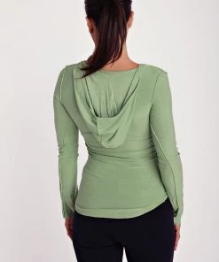 4-rth Hoodie Tops Deep Scoop Neck Long Sleeve Hoodie Top (Bamboo Green)