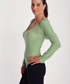 4-rth Hoodie Tops Deep Scoop Neck Long Sleeve Hoodie Top (Bamboo Green)