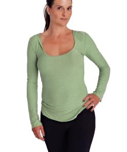 4-rth Hoodie Tops Deep Scoop Neck Long Sleeve Hoodie Top (Bamboo Green)