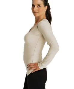 4-rth Deep Scoop Neck Long Sleeve Hoodie Top (Sand Beige) Hoodie Tops