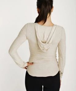 4-rth Deep Scoop Neck Long Sleeve Hoodie Top (Sand Beige) Hoodie Tops