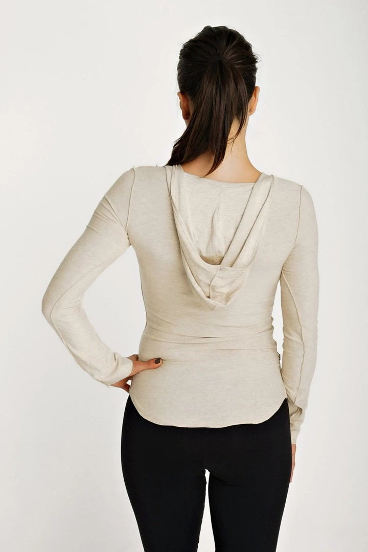 4-rth Deep Scoop Neck Long Sleeve Hoodie Top (Sand Beige) Hoodie Tops