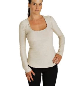 4-rth Deep Scoop Neck Long Sleeve Hoodie Top (Sand Beige) Hoodie Tops