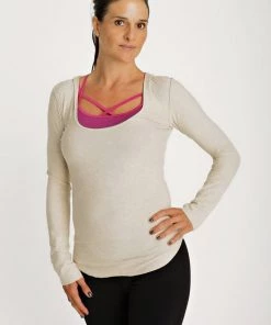 4-rth Deep Scoop Neck Long Sleeve Hoodie Top (Sand Beige) Hoodie Tops