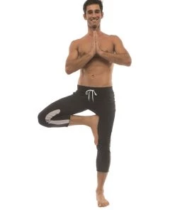 4-rth Mens 4/5 Zipper Pocket Capri Yoga Pants (Black W/Charcoal & GREY)