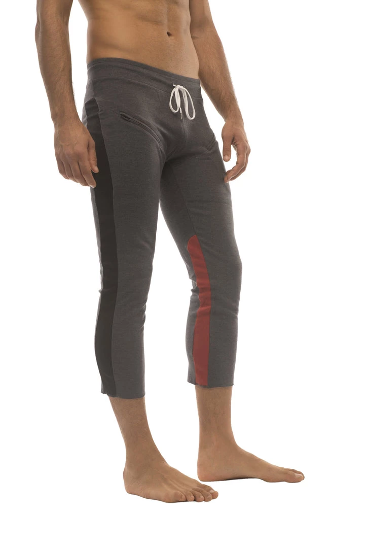 4-rth Mens 4/5 Zipper Pocket Capri Yoga Pants (Charcoal W/Black & Red)