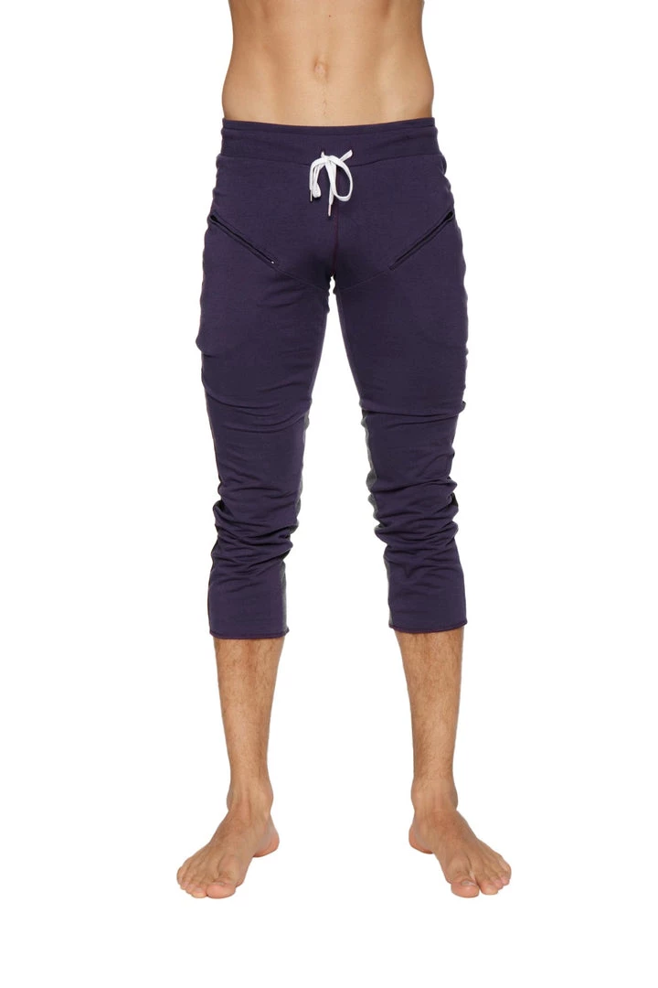 4-rth Mens 4/5 Zipper Pocket Capri Yoga Pants (Eggplant W/Black & Charcoal)