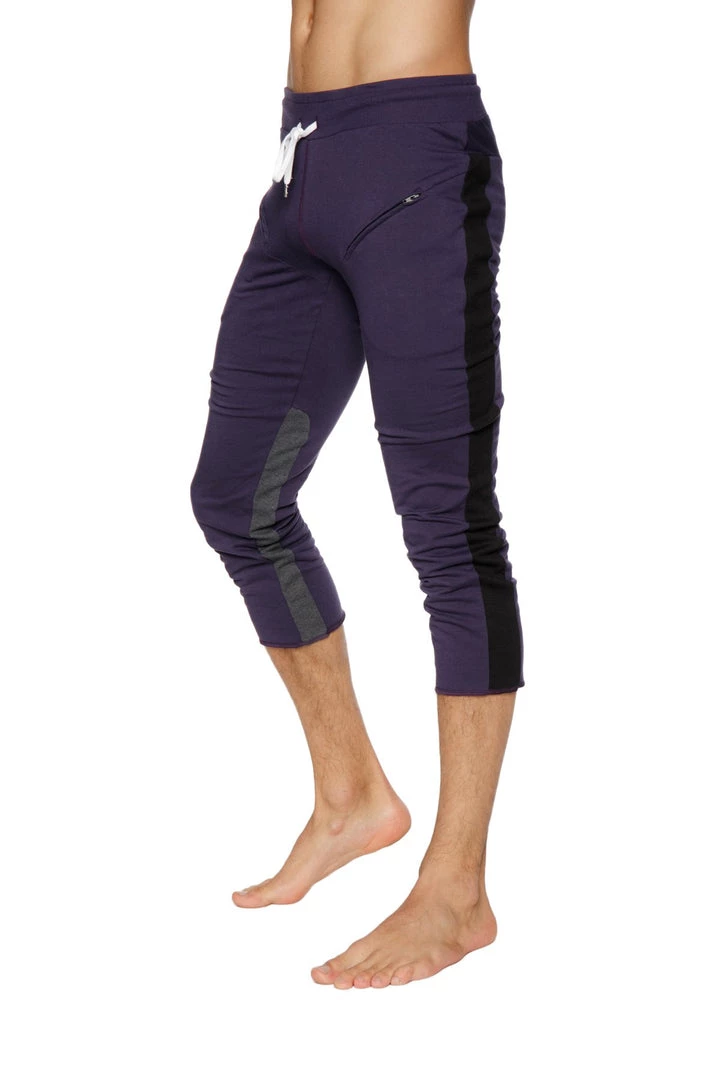 4-rth Mens 4/5 Zipper Pocket Capri Yoga Pants (Eggplant W/Black & Charcoal)