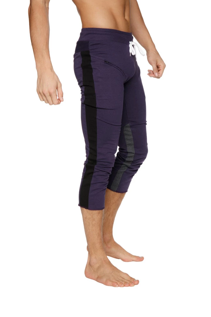 4-rth Mens 4/5 Zipper Pocket Capri Yoga Pants (Eggplant W/Black & Charcoal)