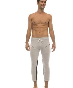 4-rth Mens 4/5 Zipper Pocket Capri Yoga Pants (GREY W/Charcoal & Black)
