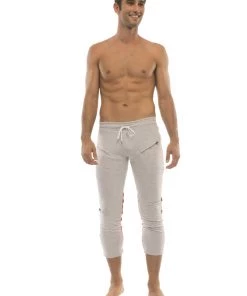 4-rth Mens 4/5 Zipper Pocket Capri Yoga Pants (GREY W/Charcoal & Red)
