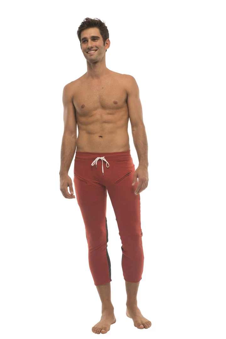 4-rth Mens 4/5 Zipper Pocket Capri Yoga Pants (RED W/Charcoal & Black)