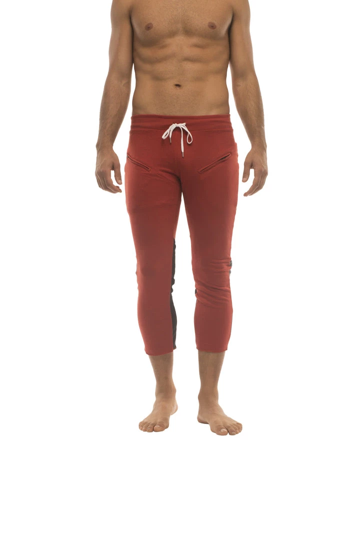 4-rth Mens 4/5 Zipper Pocket Capri Yoga Pants (RED W/Charcoal & Black)