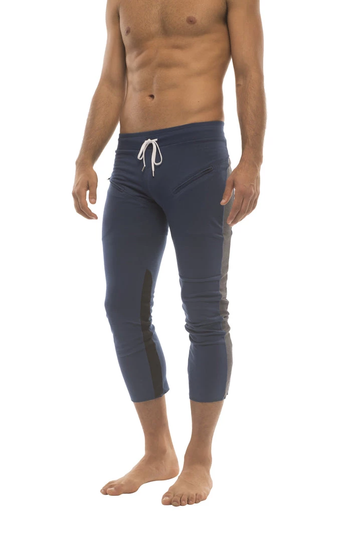 4-rth Mens 4/5 Zipper Pocket Capri Yoga Pants (Royal W/Charcoal & Black)
