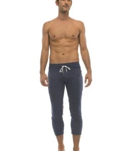4-rth Mens 4/5 Zipper Pocket Capri Yoga Pants (Royal W/Orange & GREY)