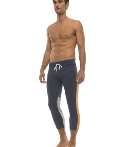 4-rth Mens 4/5 Zipper Pocket Capri Yoga Pants (Royal W/Orange & GREY)