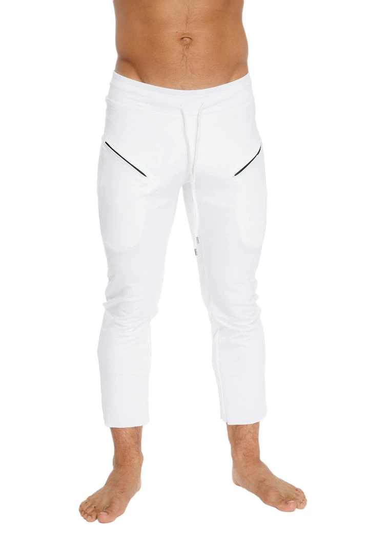 4-rth Mens 4/5 Zipper Pocket Capri Yoga Pants (White)