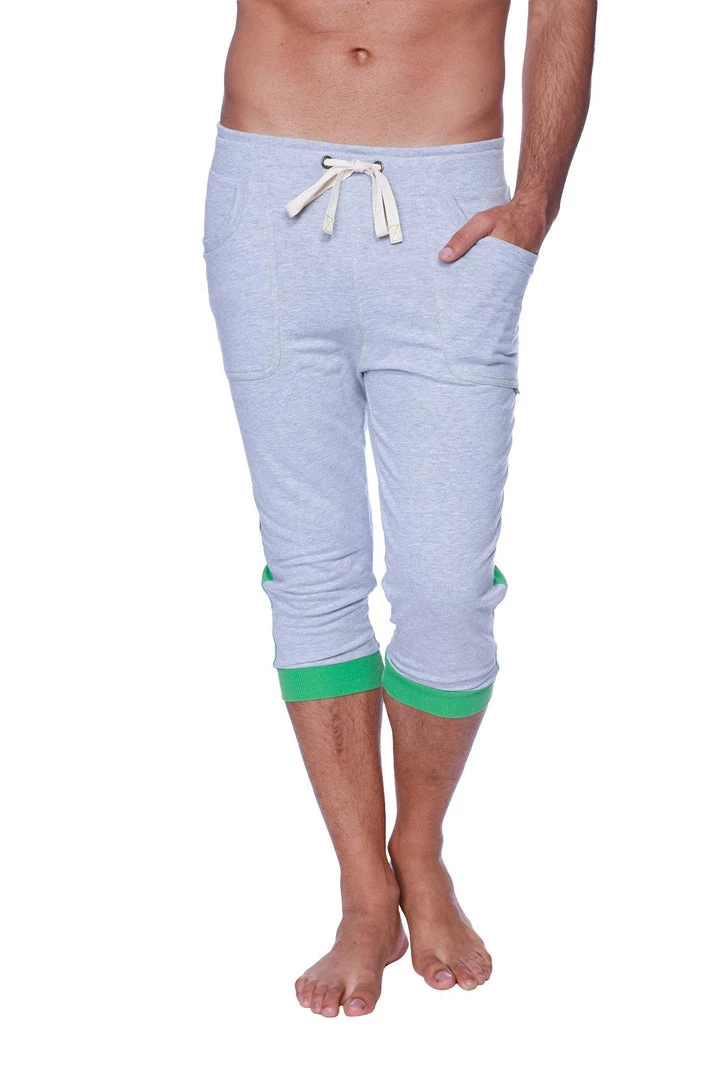 4-rth Mens Cuffed Yoga Pants (Heather Grey W/GREEN)