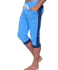 4-rth Mens Cuffed Yoga Pants (Ice Blue W/Royal Blue)