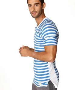4-rth MEN Nautical Raglan Resort Henley Tee (Blue & White Stripe)