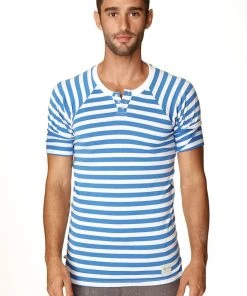 4-rth MEN Nautical Raglan Resort Henley Tee (Blue & White Stripe)