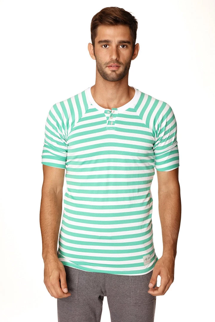 4-rth Nautical Raglan Resort Henley Tee (Green & White Stripe) MEN