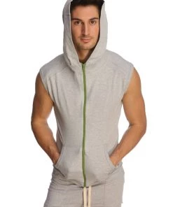 4-rth MEN Sleeveless Yoga Hoodie (Heather Grey)