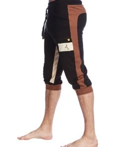 4-rth Track Athletic Pants Tri-Color Edge Cuffed Yoga Pants (Black W/Chocolate & Sand)