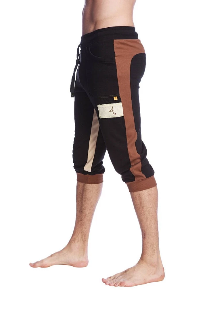 4-rth Track Athletic Pants Tri-Color Edge Cuffed Yoga Pants (Black W/Chocolate & Sand)