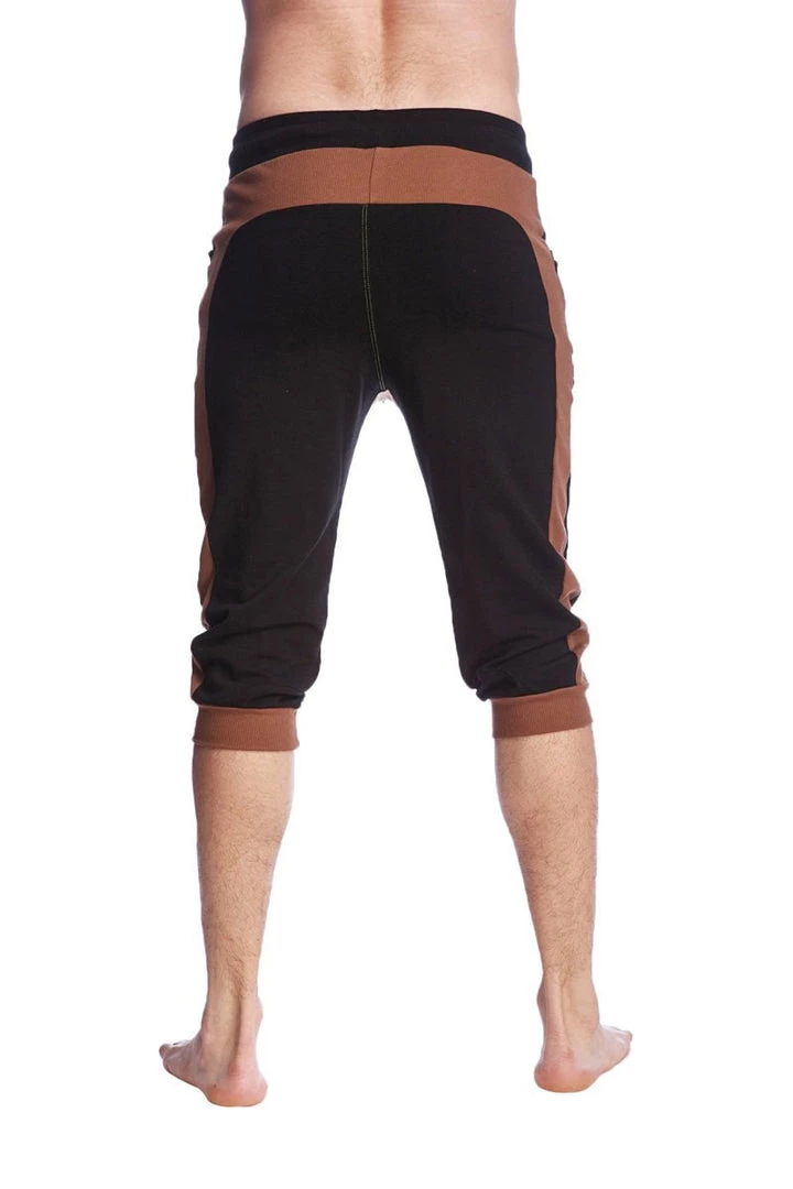 4-rth Track Athletic Pants Tri-Color Edge Cuffed Yoga Pants (Black W/Chocolate & Sand)