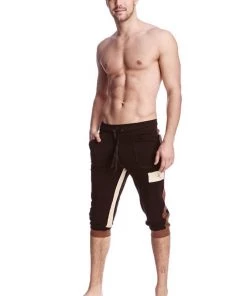 4-rth Track Athletic Pants Tri-Color Edge Cuffed Yoga Pants (Black W/Chocolate & Sand)