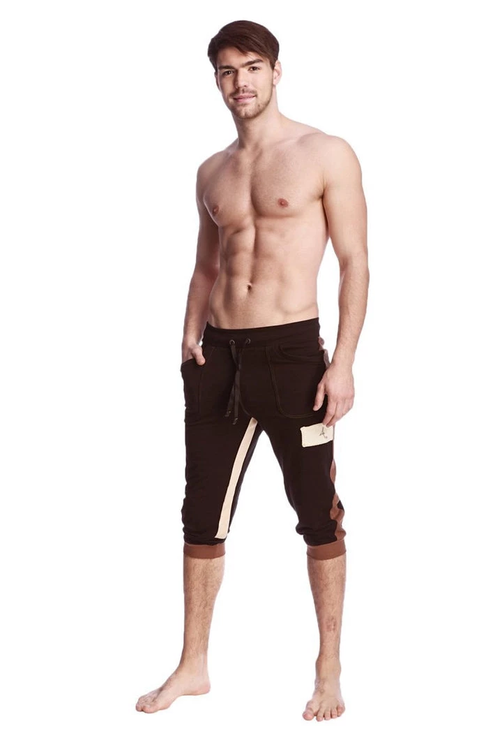 4-rth Track Athletic Pants Tri-Color Edge Cuffed Yoga Pants (Black W/Chocolate & Sand)