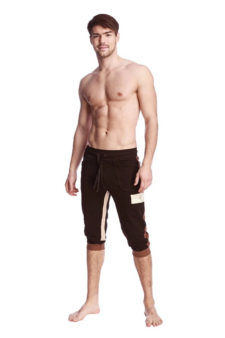 4-rth Track Athletic Pants Tri-Color Edge Cuffed Yoga Pants (Black W/Chocolate & Sand)