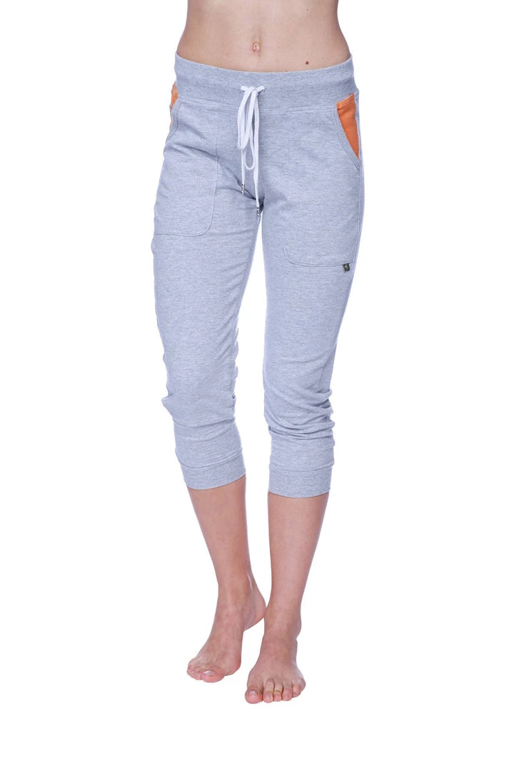 4-rth Women's 3/4 Cuffed Capri Yoga Pant (Heather Grey W/Orange)