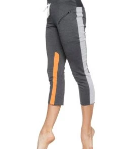 4-rth Women's 4/5 Length Zipper Pocket Capri Yoga Pant (Charcoal W/Grey & Orange)