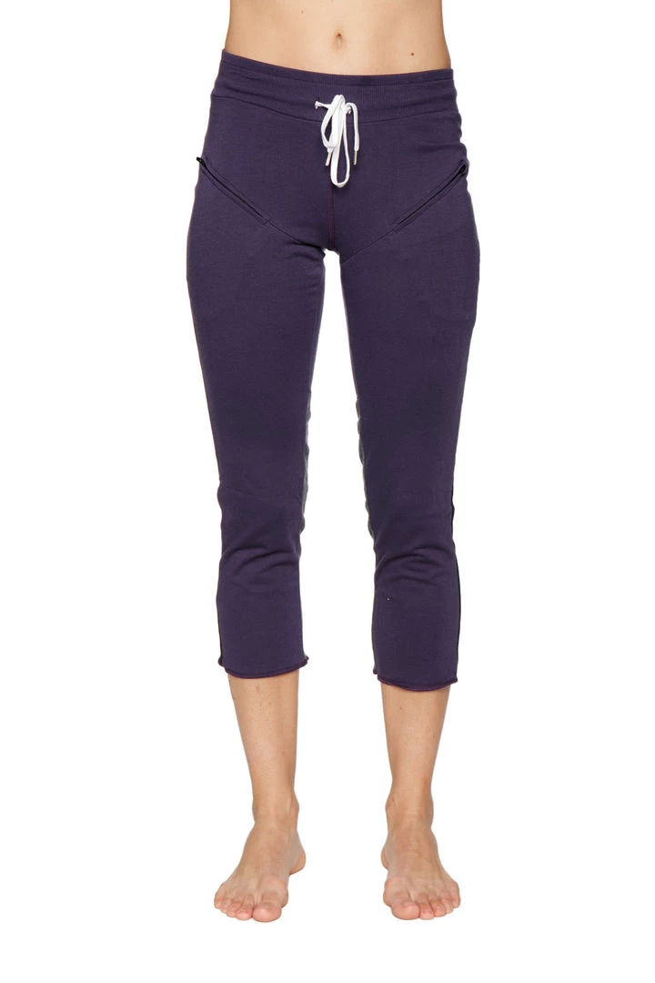 4-rth Women's 4/5 Length Zipper Pocket Capri Yoga Pant (Eggplant W/Black & Charcoal)