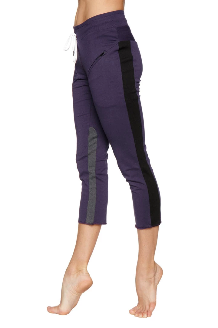 4-rth Women's 4/5 Length Zipper Pocket Capri Yoga Pant (Eggplant W/Black & Charcoal)