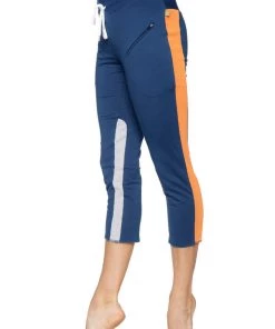 4-rth Women's 4/5 Length Zipper Pocket Capri Yoga Pant (Royal W/Orange & Grey)