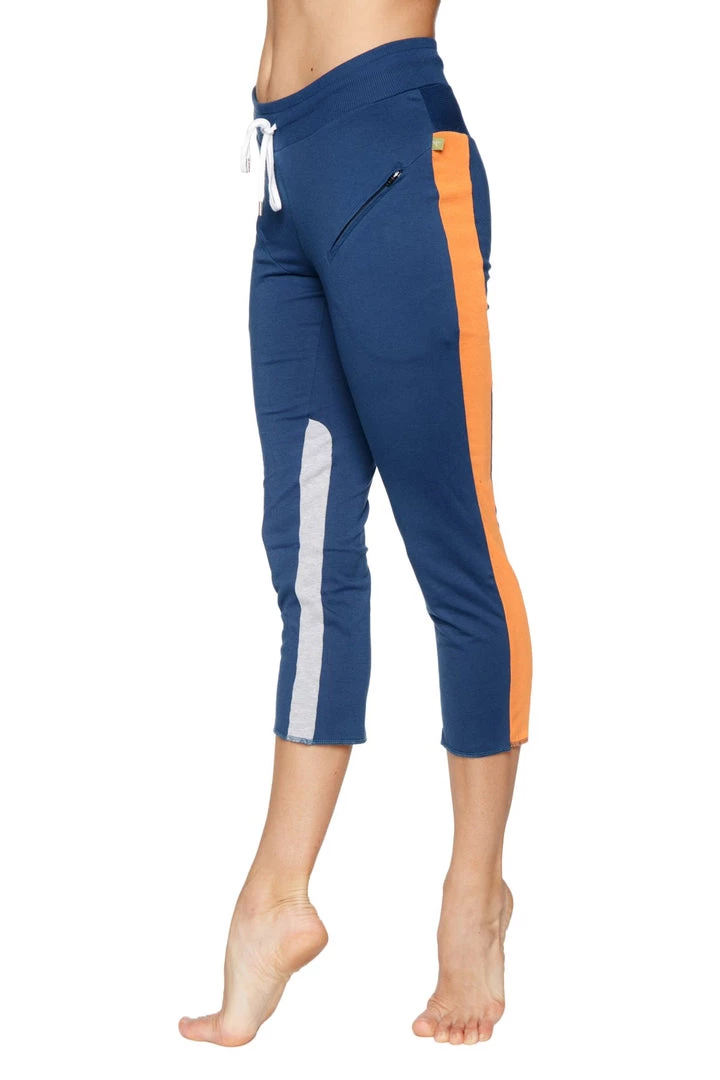 4-rth Women's 4/5 Length Zipper Pocket Capri Yoga Pant (Royal W/Orange & Grey)
