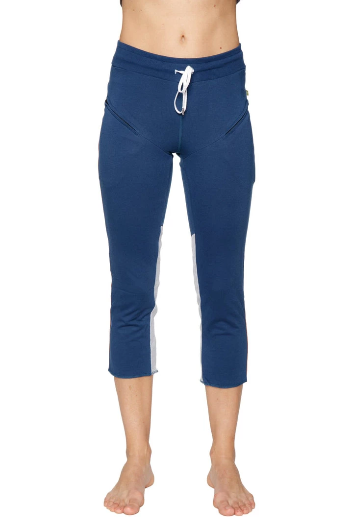 4-rth Women's 4/5 Length Zipper Pocket Capri Yoga Pant (Royal W/Orange & Grey)