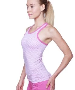 4-rth Tanks Women's All-American Racerback Tank Top (Pink&Grey Stripe W/ Berry Piping)