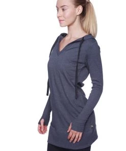 4-rth Women's Long Body Hoodie Top (Charcoal W/Black) Hoodie Tops