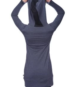4-rth Women's Long Body Hoodie Top (Charcoal W/Black) Hoodie Tops