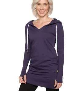 4-rth Women's Long Body Hoodie Top (Eggplant/Purple) Hoodie Tops